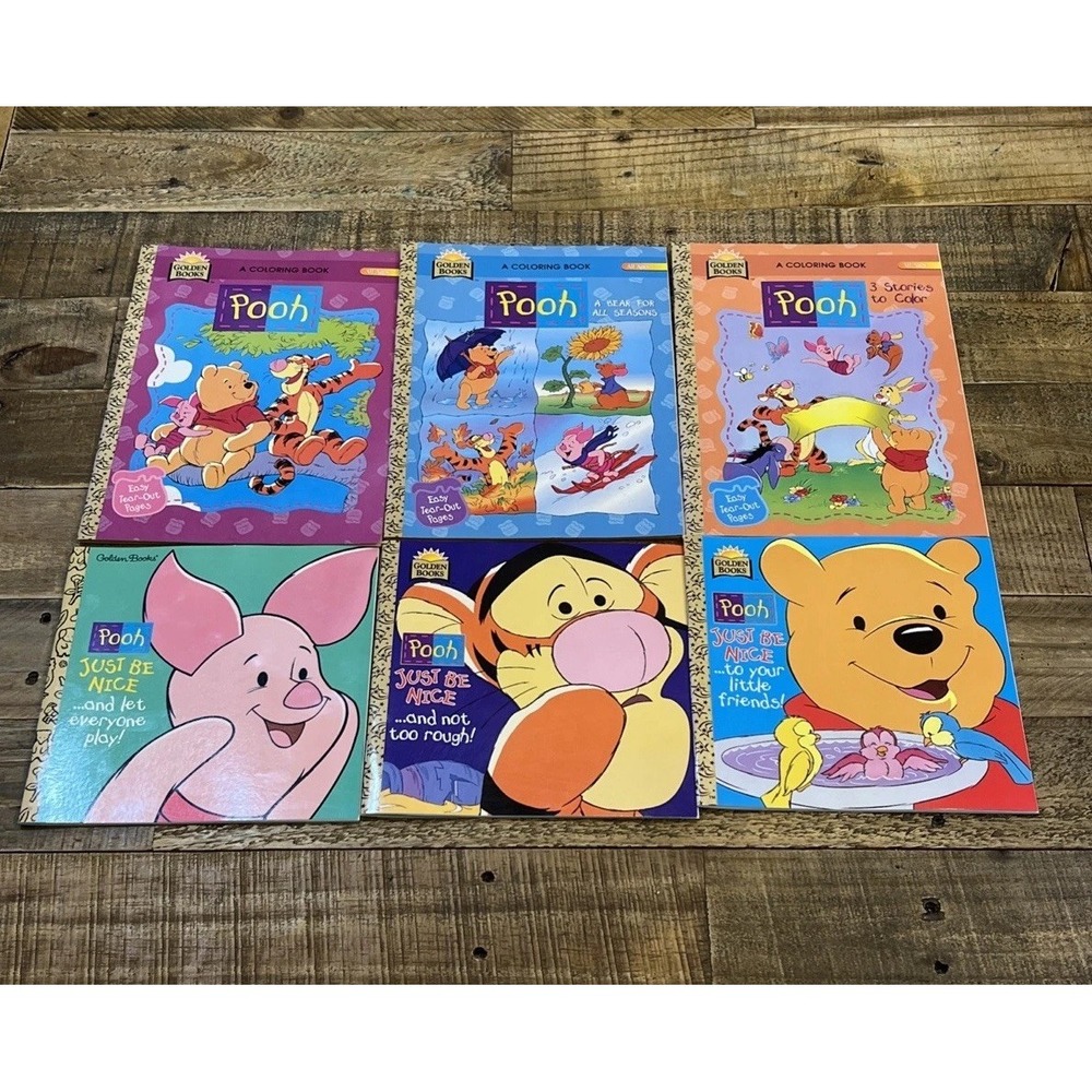 VTG Winnie-the-Pooh "Just Be Nice" Golden Books Lot 3 Books, 3 Coloring Books